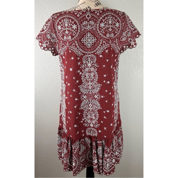 Anthropologie Feather Bone Maroon with Blue Embroidery Ruffle Dress, size Small - Picture 7 of 12